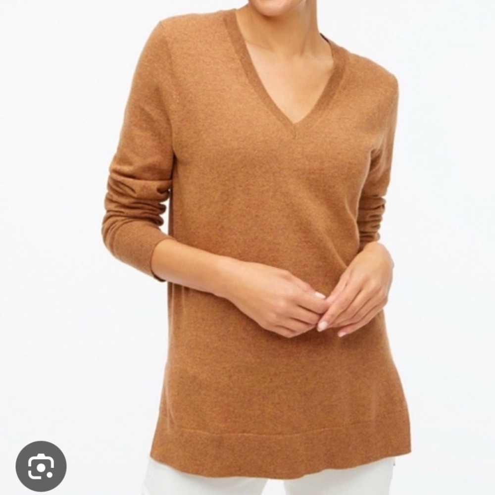 J. Crew Women's M Wool Blend Brown V-Neck Long Sleeve Tunic Sweater Side Slit